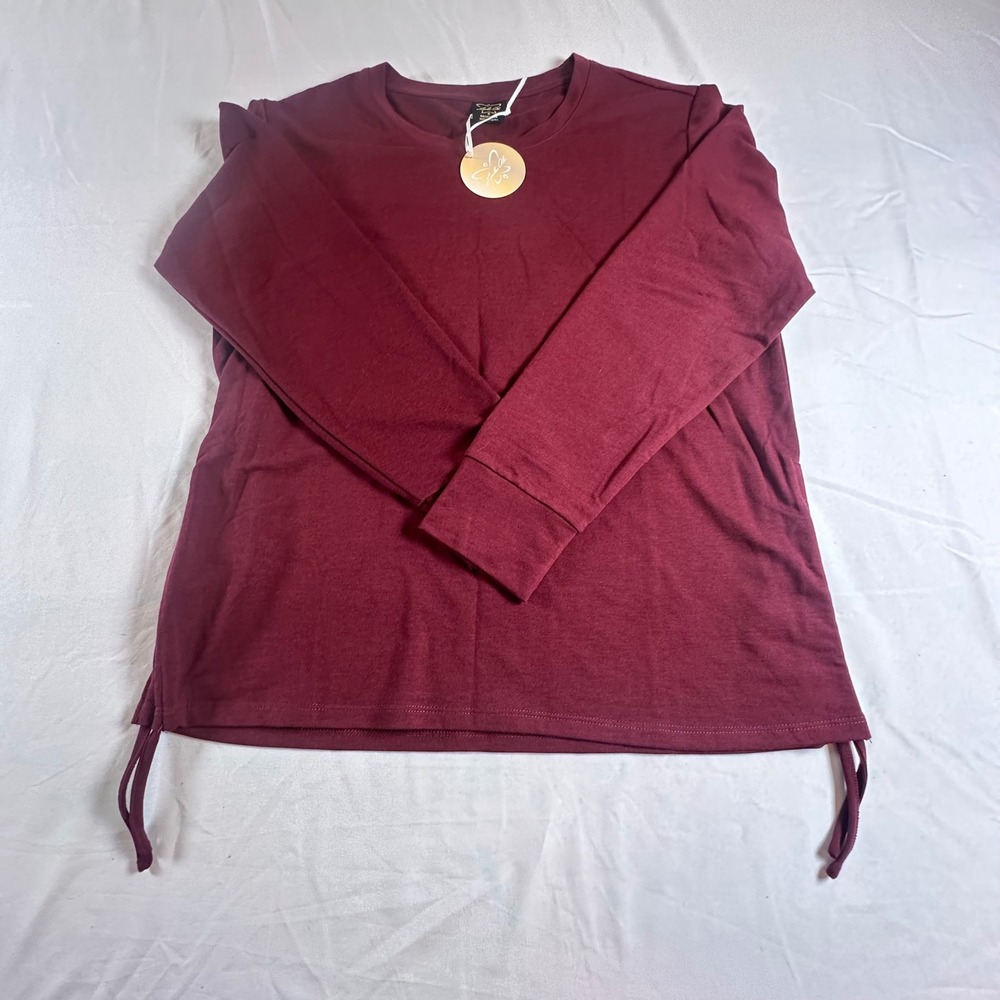 Laila Ali Women's Burgundy Long Sleeve Side Tie French Terry Top LAL099 Med NWT